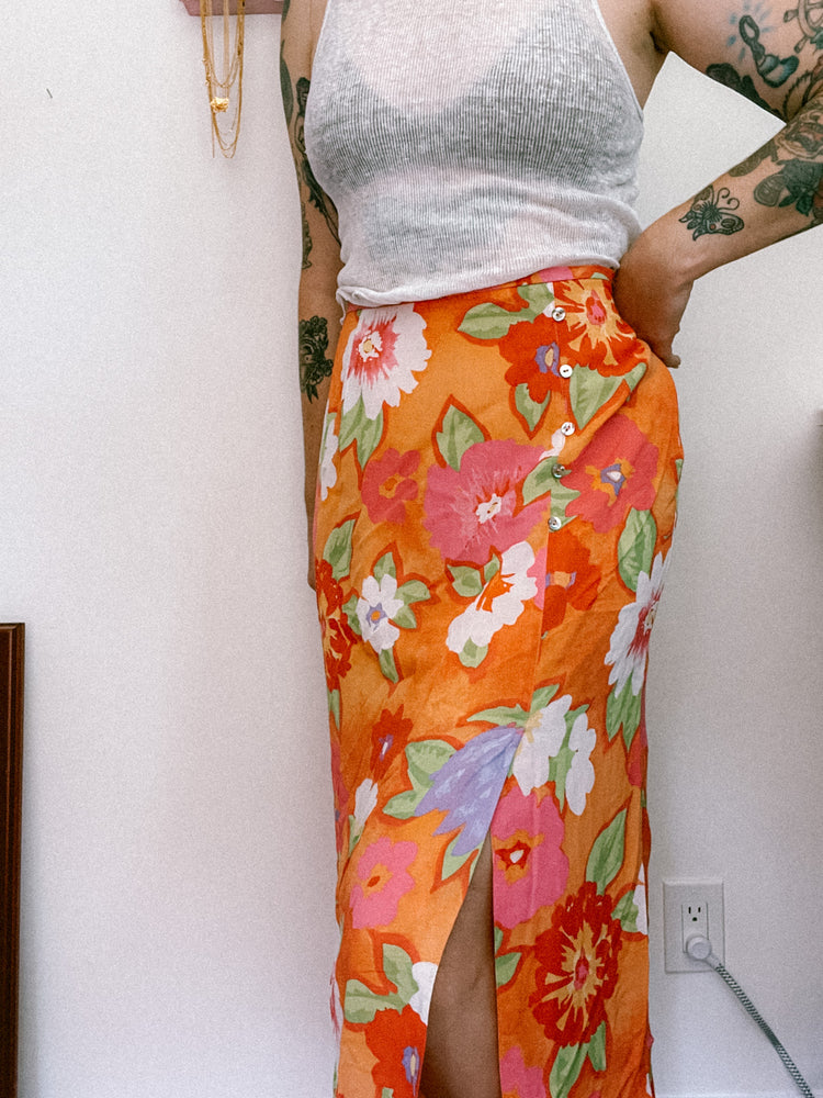 Orange and Pink Floral Midi Skirt